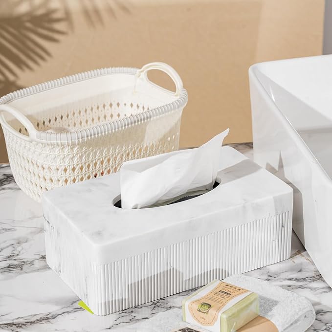 Marble Tissue Box Cover, Rectangular Napkin Facial Tissues Holder for Home Office, Hand Poured Marble Tissue Box Holder, 10 x 5.7 x 3.7 inches, White