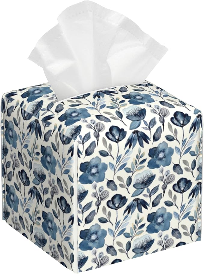 Watercolor Blue Floral Tissue Box Cover Square,Blue Flowers and Leaves Tissue Box Holder Waterproof Leather Facial Paper Organizer Dispenser for Bathroom Home Car Nightstand Vanity Desk