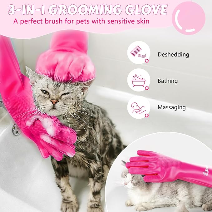 Pecute Pet Grooming Gloves Large, Heat Resistant Dog Washing Gloves with High-Density Teeth, Silicone Cat Dog Bathing Gloves with Enhanced Five Finger Design, for Washing Bathing Massaging