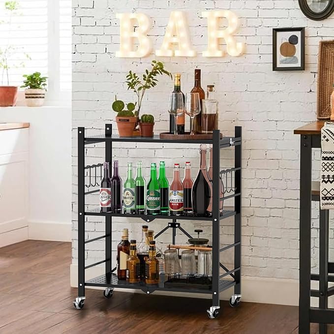 Himix Storage Shelves with 6 Hooks, 3 Tier Foldable Shelf with Wheels, Metal