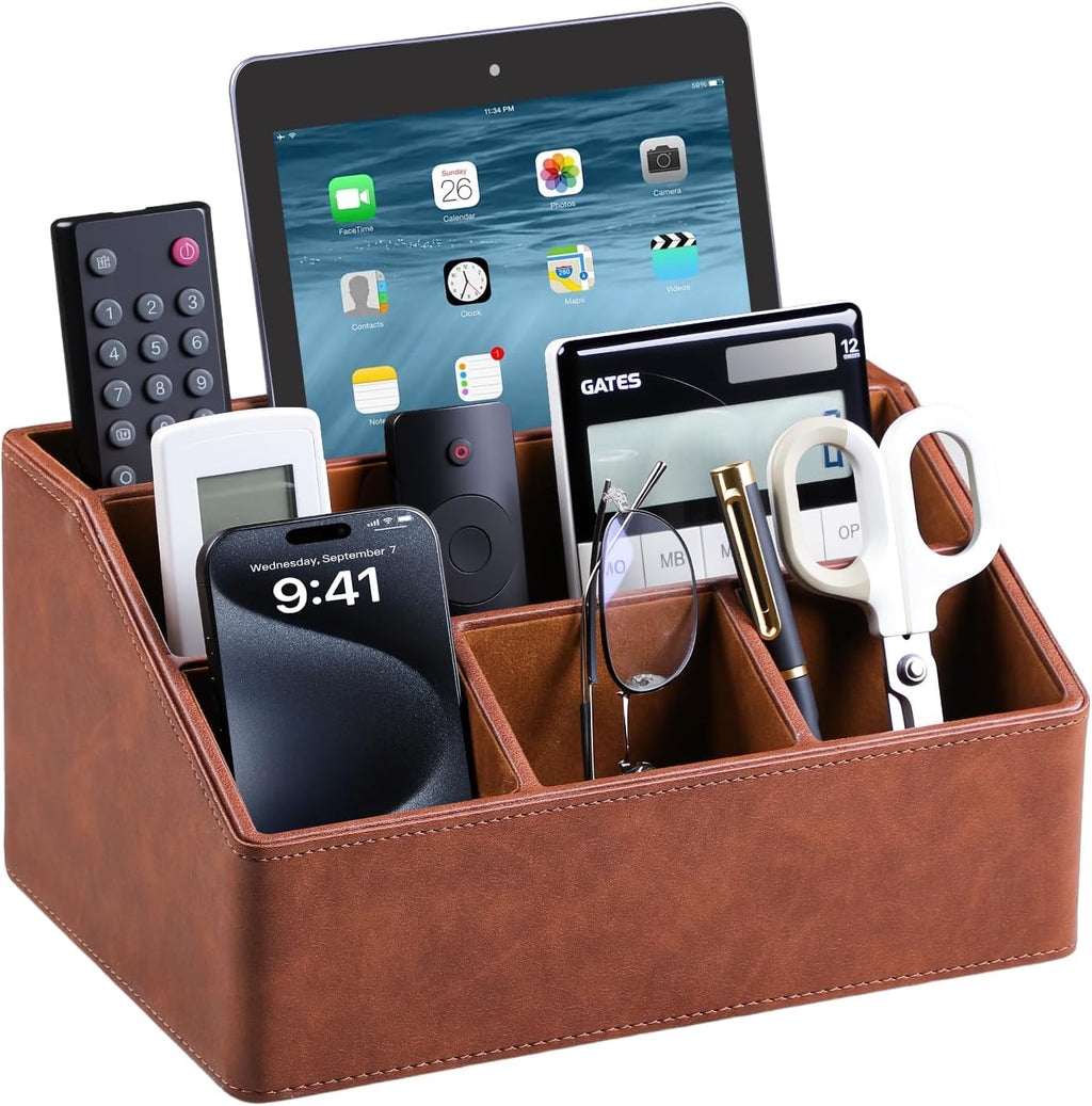 PU Leather Desk Organizer, Luxury Remote Control Holder for Home, Office Desk Accessories Table Caddy Bedside Nightstand Organizer (Brown)