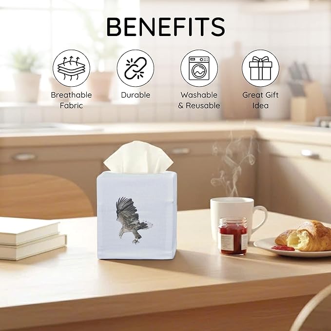 EmbroideryLinen.VN Tissue Box Cover Set of 2, Square Linen Tissue Holder, Printed Animal Pattern, 4.5x4.5x5.5 Inches, Decorative Holder for Bathroom, Living Room, Office (Eagle)