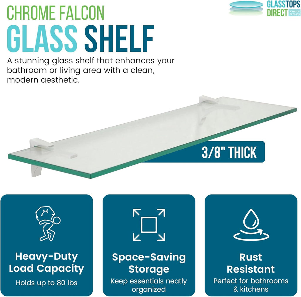 Spancraft Clear Floating Glass Shelf 8" X 36" in Chrome
