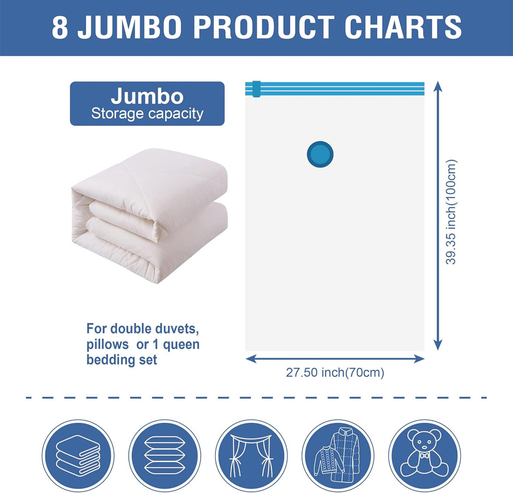 8 Jumbo Vacuum Storage Bags, Space Saver Bags Compression Storage Bags for Comforters and Blankets, Vacuum Sealer Bags for Clothes Storage, Hand Pump Included