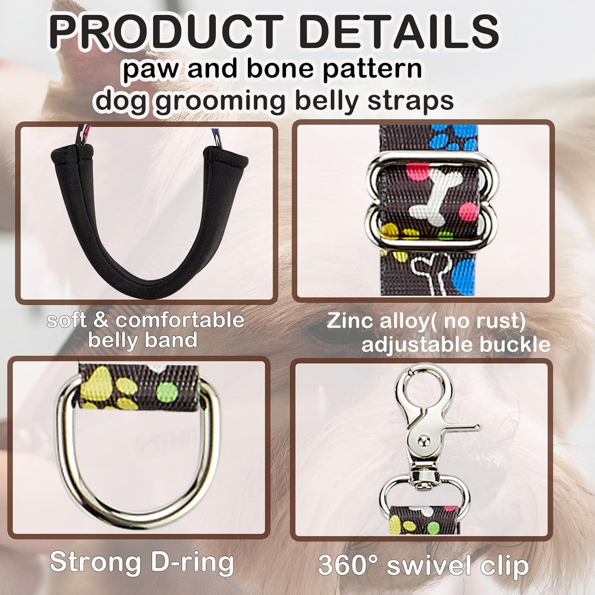 Dog Grooming Belly Straps – Adjustable Grooming Loops with Cute Paw & Bone Pattern Pet Grooming Belly Support Band Table Accessories for Small Medium Large Dogs(Light Pink)