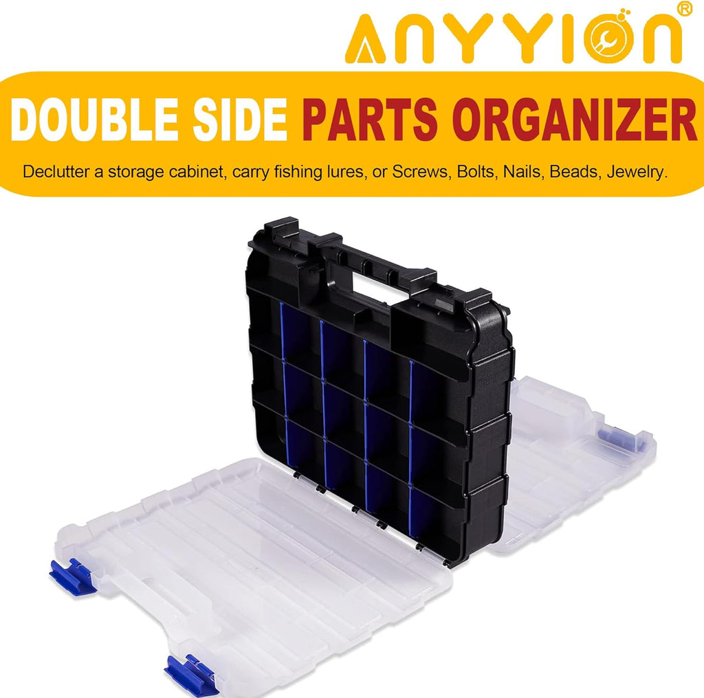 Anyyion Small Parts Organizer, 34-Compartments Double Side parts organizer with Removable Dividers for Hardware, Screws, Bolts, Nails, Beads, Jewelry. (1, Blue)