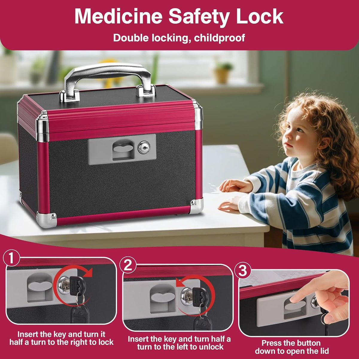 Medicine Lock Box for Safe Medication - 10 x 6 x 6.7 Inches - Lockable Storage Box for Drugs, First Aid Kit Empty, Lock Boxes with Key for Home/Outdoor (Black & Red/Small)