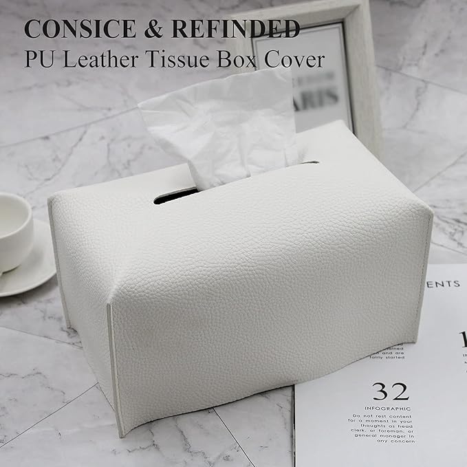 Livelab Tissue Box Cover, Modern Decorative PU Leather Rectangular Tissue Box Case Organizer Holder for Vanity Countertop, Night Stands, Livingroom, Office Desk & Car 9.5X5X5'' | Off White