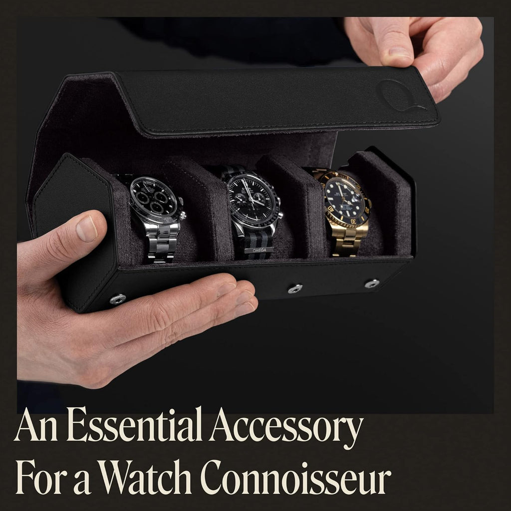 QWATCHBANDS Napa Leather Watch Rolls for Men - Hexagon Triple Watch Roll Travel Case for 3 Watches - Storage Organizer Genuine Leather with Velvet Interior Display (Black/Charcoal)