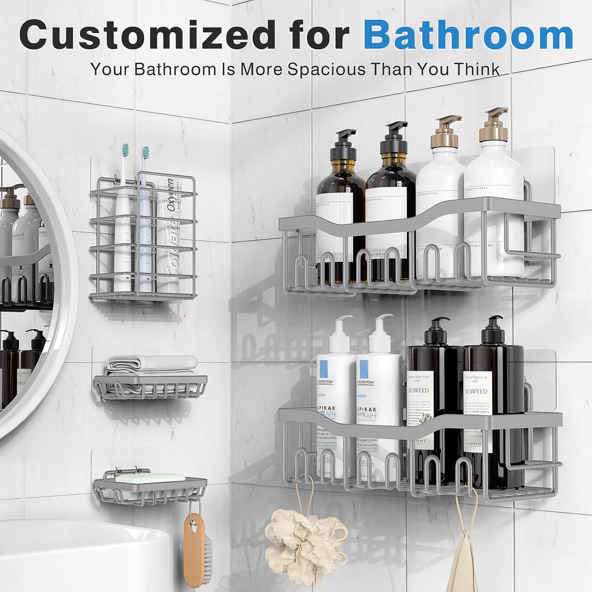 EUDELE 5-Pack Rustproof Stainless Steel Shower Caddy Set– No Drill Adhesive Bathroom Organizer, Space-Saving Shower Shelves for Apartment Essentials, Bathroom/Kitchen Storage Home Decor-L Size