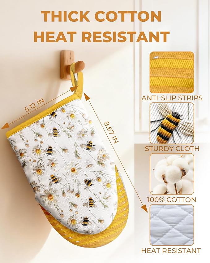 Slohif Bee Mini Oven Mitts Set – Yellow Extended Short Heat Resistant Kitchen Gloves for Women, 100% Cotton Oven Mitts with Silicone Grips, Non-Slip and Thick Durable for Cooking & Baking