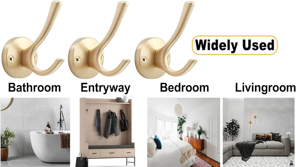 Gold Wall Hooks, 5 Pack Coat Robe Hook Heavy Duty Metal Double Bath Hook Wall Mounted, Hand Towel Hooks for Cubicle Bathroom Kitchen Closet Garage