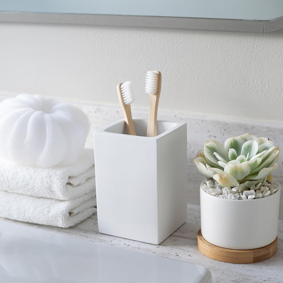 Matte White Toothbrush and Toothpaste Holder for Bathroom Vanity and Countertop, Square Organizer for Electric Toothbrushes, Floss, Razors, Cotton, and Mouthwash