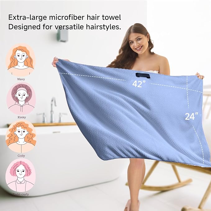 Netcken Large Microfiber Hair Towel for Women,Super Soft Anti Frizz & Quick Dry for Curly Hair,Ultra Absorbent Hair Wrap Towels for Long,Thick,Wet Hair 24x42 Inches (Blue)
