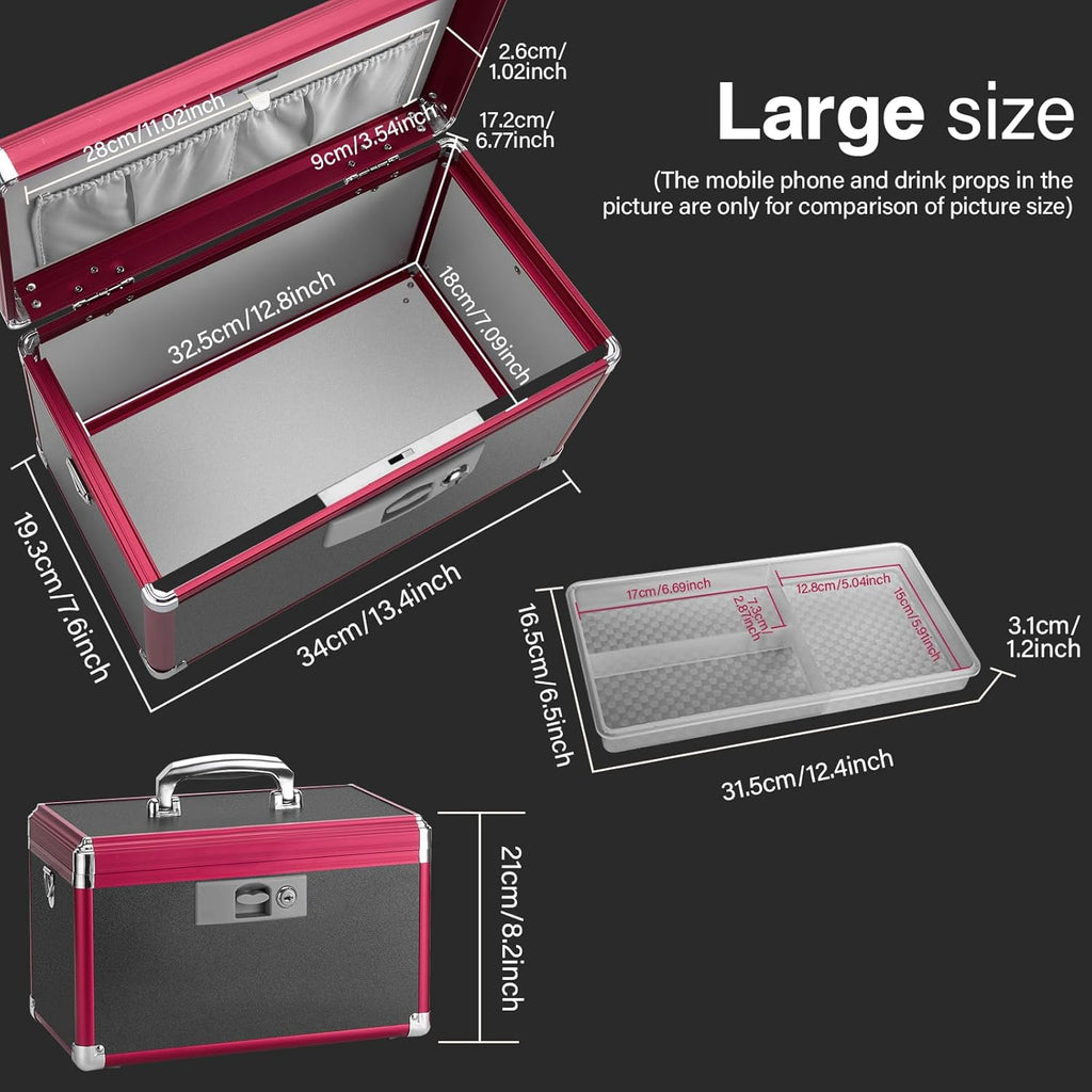 Medicine Lock Box for Safe Medication - 13.4 x 7.6 x 8.2 Inches - Lockable Storage Box for Drugs, First Aid Kit Empty, Lock Boxes with Key for Home/Outdoor (Black & Red/Large)