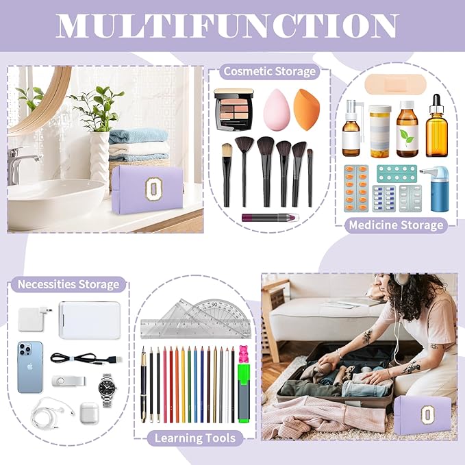 Personalized Makeup Bag Initial A-Z Preppy Patch Bag,Small PU Leather Travel Cosmetic Bag Pouch with Zipper,Purple Cute Toiletry Bag,Gift Ideal for Teen Girls Women Birthday Friend Mom,Latter O