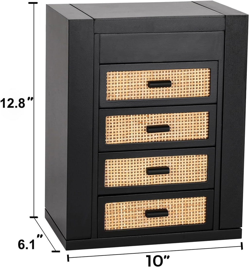 Jewelry Organizer, Rattan Jewelry Box, 5 Layer Wooden Jewelry Organizer Box with Mirror, Jewelry Boxes with 4 Drawers for Women Men, Black Jewelry Storage for Rings Earrings Necklaces Bracelets Watch