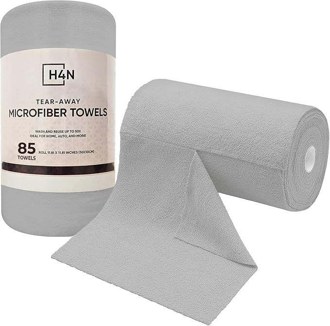 H4N Microfiber Cleaning Cloth Roll, 85 Pack Micro Fiber Wash Cloths for Car, Tear Away Towels, Ultra Absorbent Dish Rags, Non-Abrasive, Reusable and Washable Household Supplies, 11.81" x 11.81", Gray