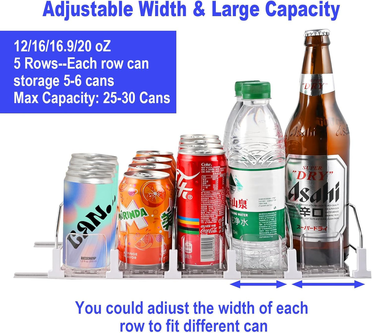 Drink Organizer for Fridge (Adjustable Width), 16.5” D Soda Can Fridge Drink Organizer, Refrigerator Beverage Organizers and Storage, Drink Dispenser Pop Can Holders for Fridge (5 Rows)
