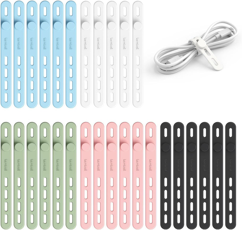 Lamicall 30Pack Silicone Cable Ties Cord Organizer, Multi Color Elastic Cable Management Wraps, Home Decor Organizer Ties Accessories for Phone Charger Electrical Cord, Chritsmas Travel Essentials