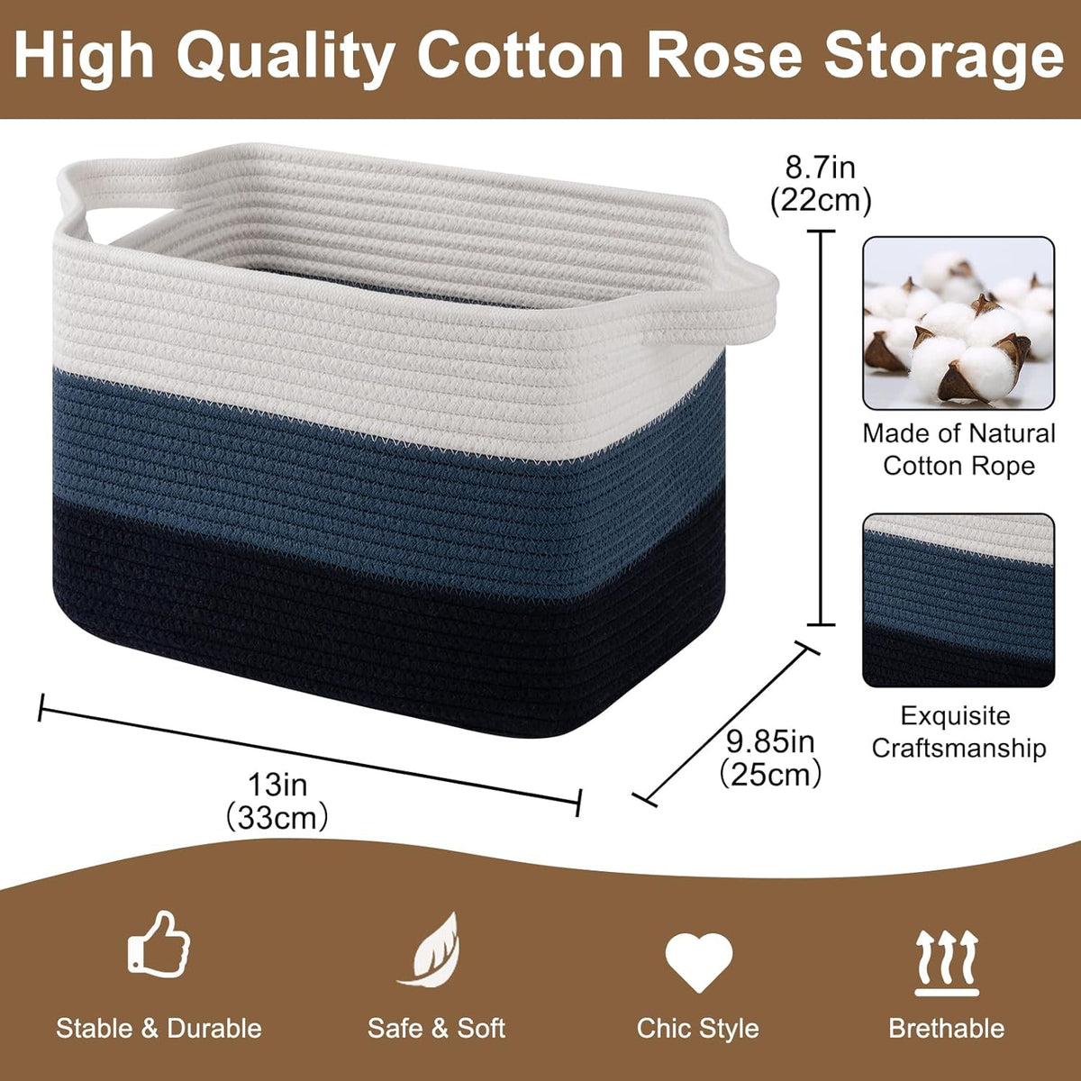 Storage Basket for Organizing, Woven Baskets for Storage, Rectangle Decorative Baskets for Shleves, Closet, Toys, Books, Nursery Organizer Bins - Pack of 3 (Gradient Blue, 13"x9.85"x8.7")