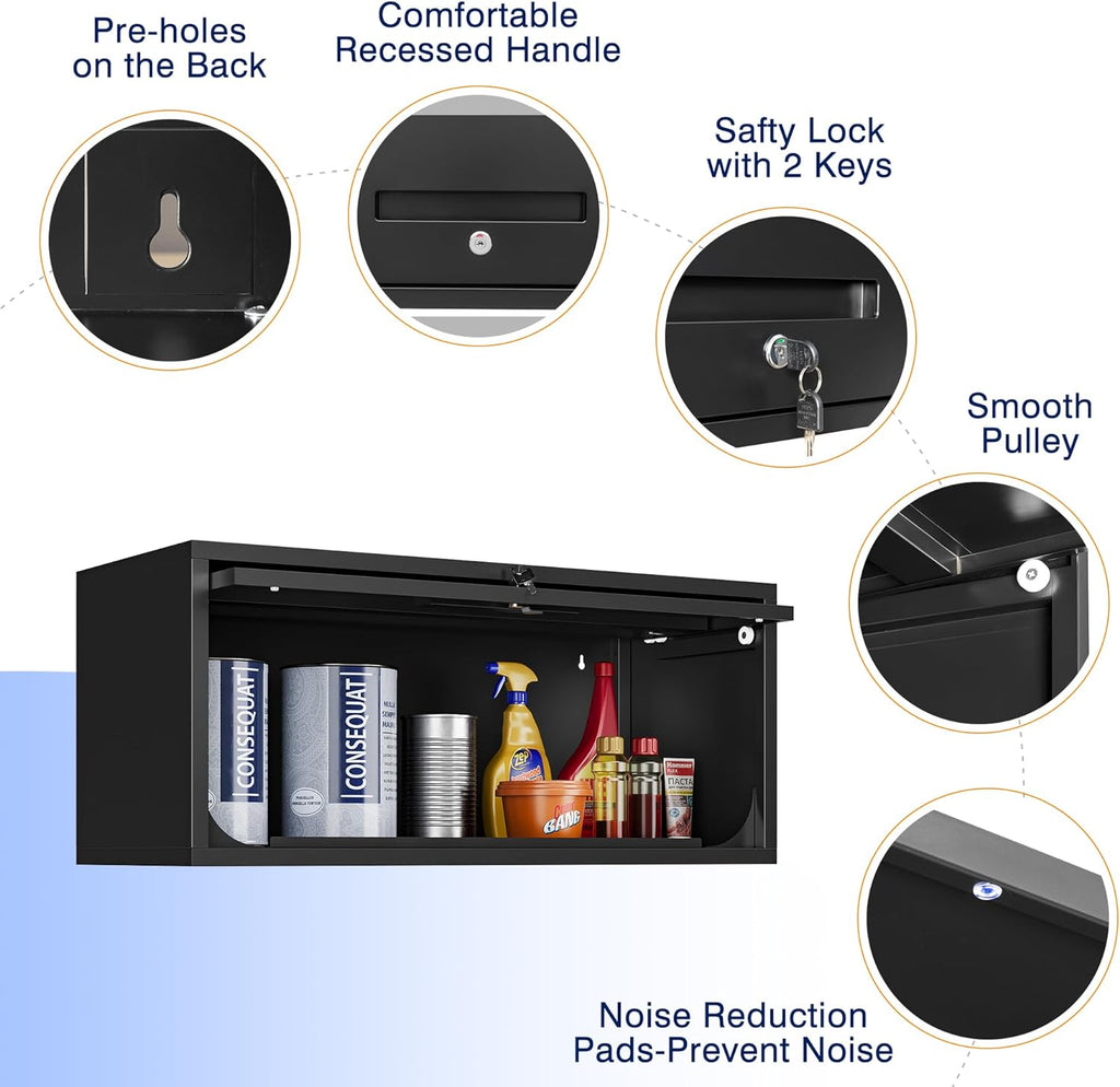 Yizosh Metal Garage Cabinet with Doors, Wall Mounted Storage Cabinet, Floating Tool Cabinet for Basement, Kitchen, Warehouse (Black, 13.7" H)
