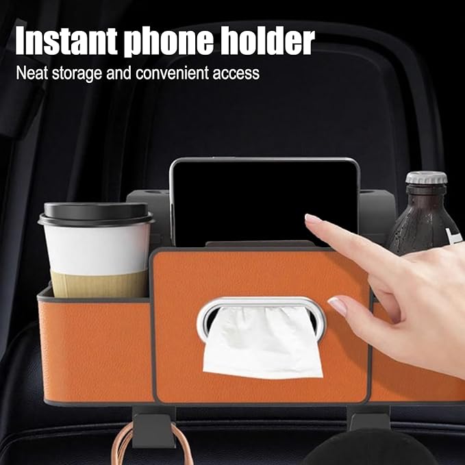 Car Back Seat Organizer with Hooks & Tissue Dispenser – Faux Leather Storage Box with Cup Holders, Multi-Compartment for Sunglasses & Chargers, Compatible with Most Seat Beige 2pcs