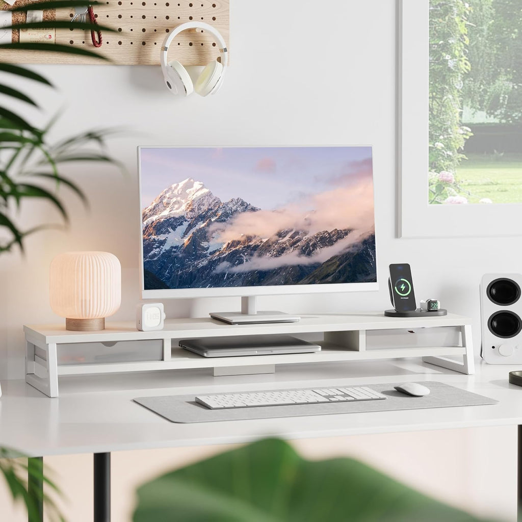 Fenge Dual Monitor Stand, Monitor Riser with Drawer, 42.5 Inch Large Computer Monitor Stand for 2 Monitors, 2 Tier Wooden Desk Shelf for Top of Desk