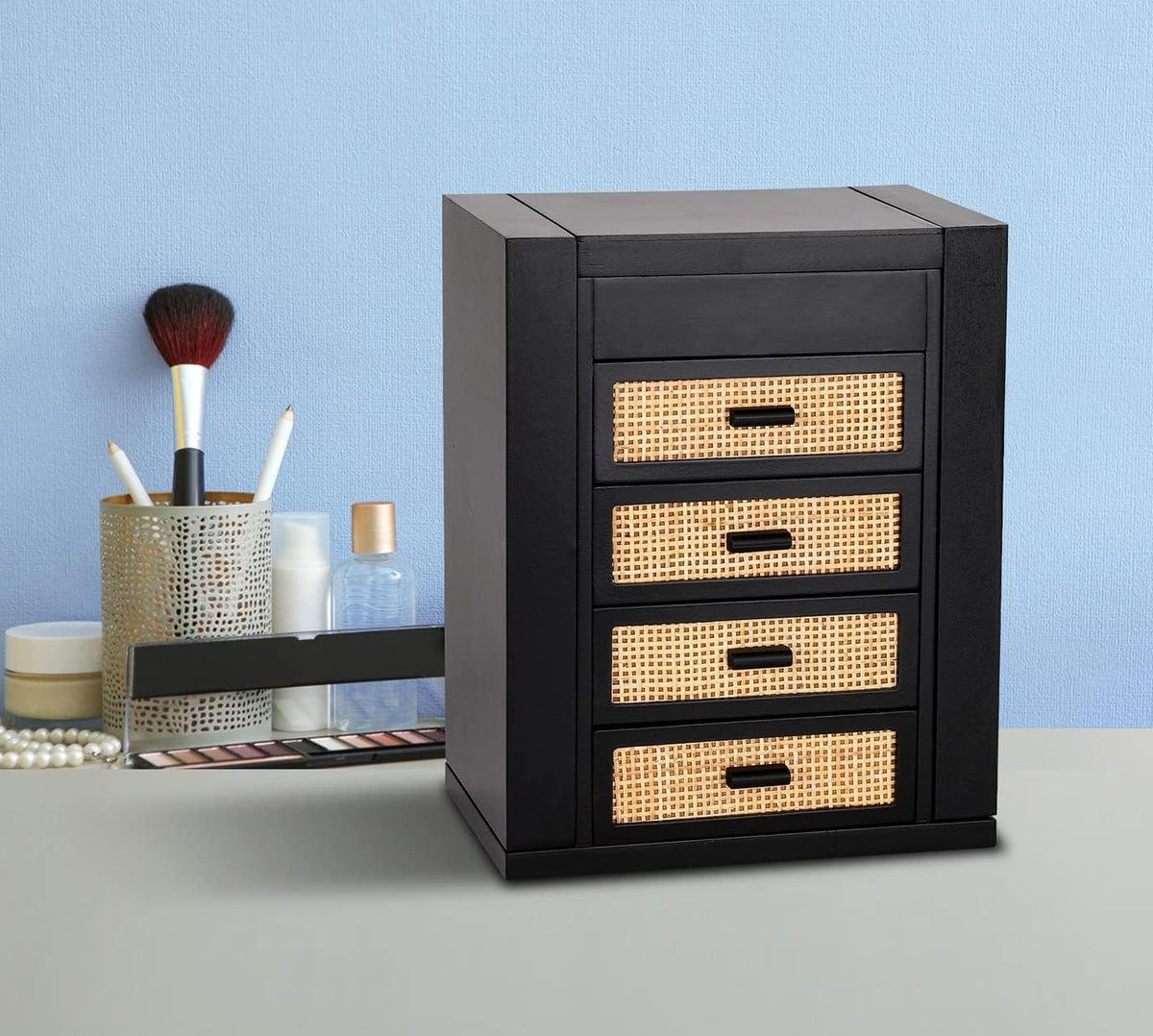 Jewelry Organizer, Rattan Jewelry Box, 5 Layer Wooden Jewelry Organizer Box with Mirror, Jewelry Boxes with 4 Drawers for Women Men, Black Jewelry Storage for Rings Earrings Necklaces Bracelets Watch