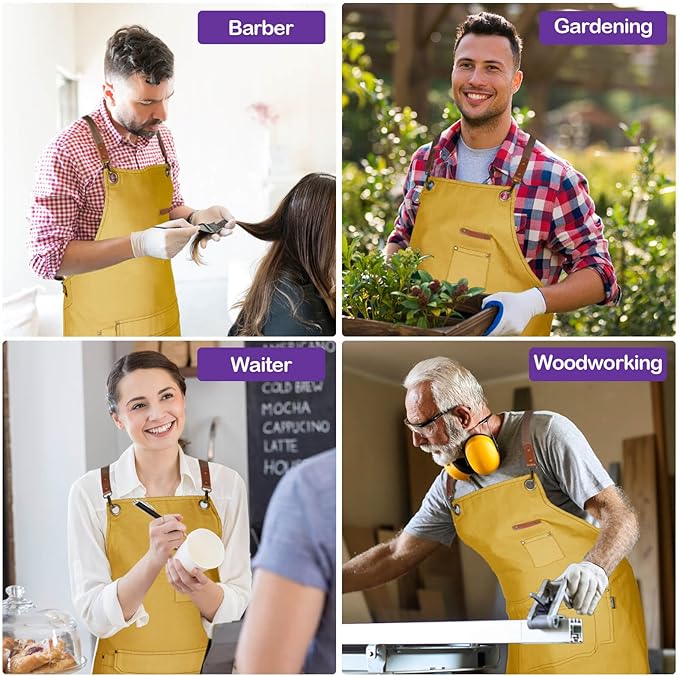 Chef Apron for Men Women with Gift Box Pack, Cross Back Apron with Pockets for Kitchen Cooking Baking Artist Painting, Cotton Canvas Work Aprons for Shop, Garden, Restaurant, Cafe (Yellow, M to XXL)