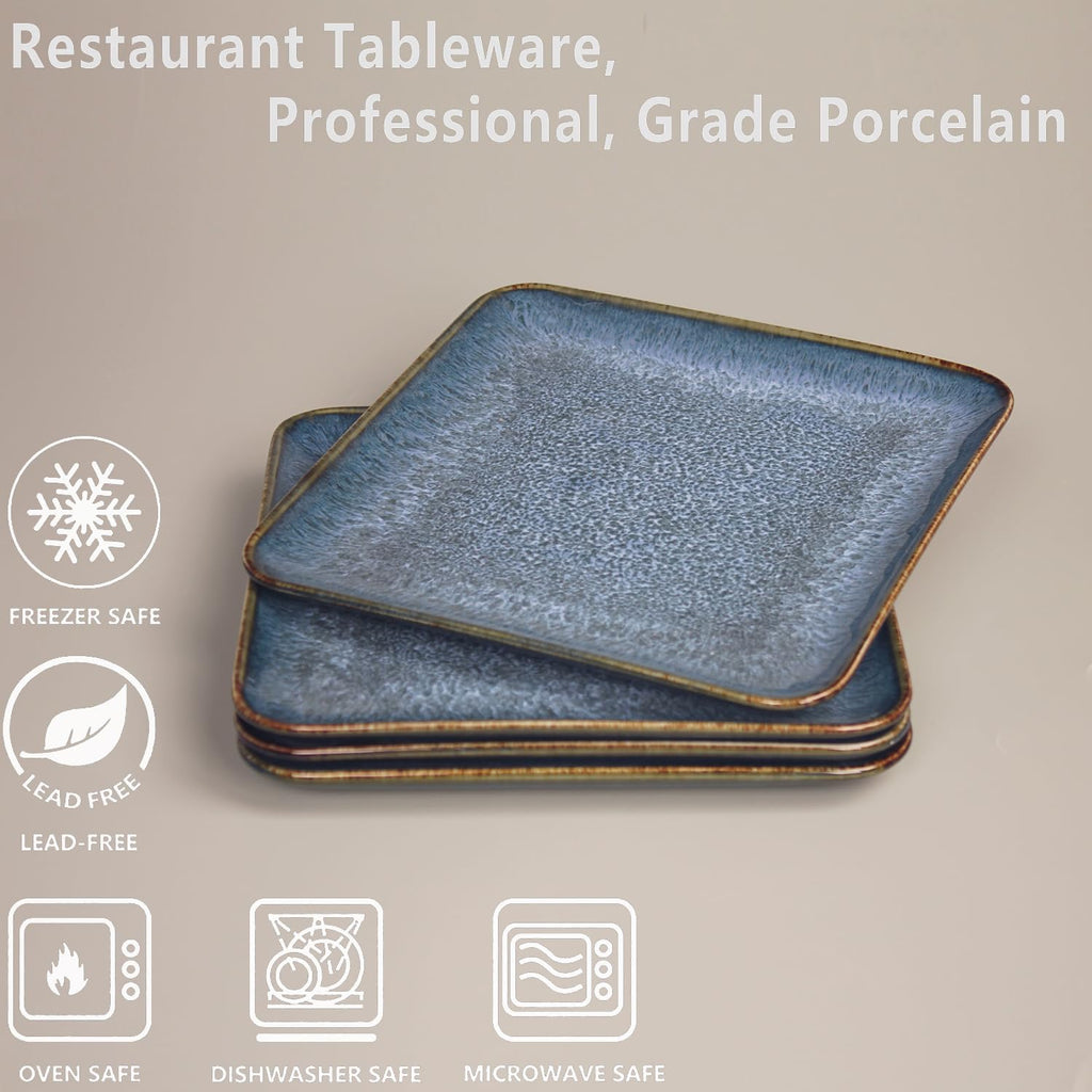 4-piece ceramic dinner plate set, suitable for steak, pasta and pizza, microwave- and dishwasher-safe, scratch-resistant, blue 9-inch square dinner plate