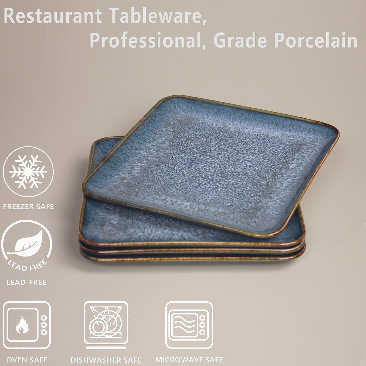 4-piece ceramic dinner plate set, suitable for steak, pasta and pizza, microwave- and dishwasher-safe, scratch-resistant, blue 9-inch square dinner plate