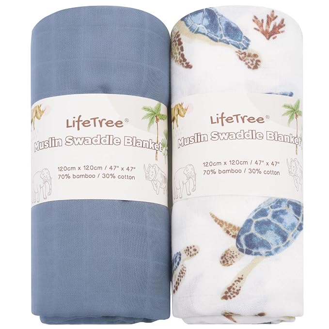 LifeTree Muslin Swaddle Blankets, Baby Swaddling Wrap Nursery Receiving Blanket for Boys & Girls, Soft 70% Viscose from Bamboo and 30% Cotton, Large 47 x 47 inches, Sea Turtle & Solid Colors