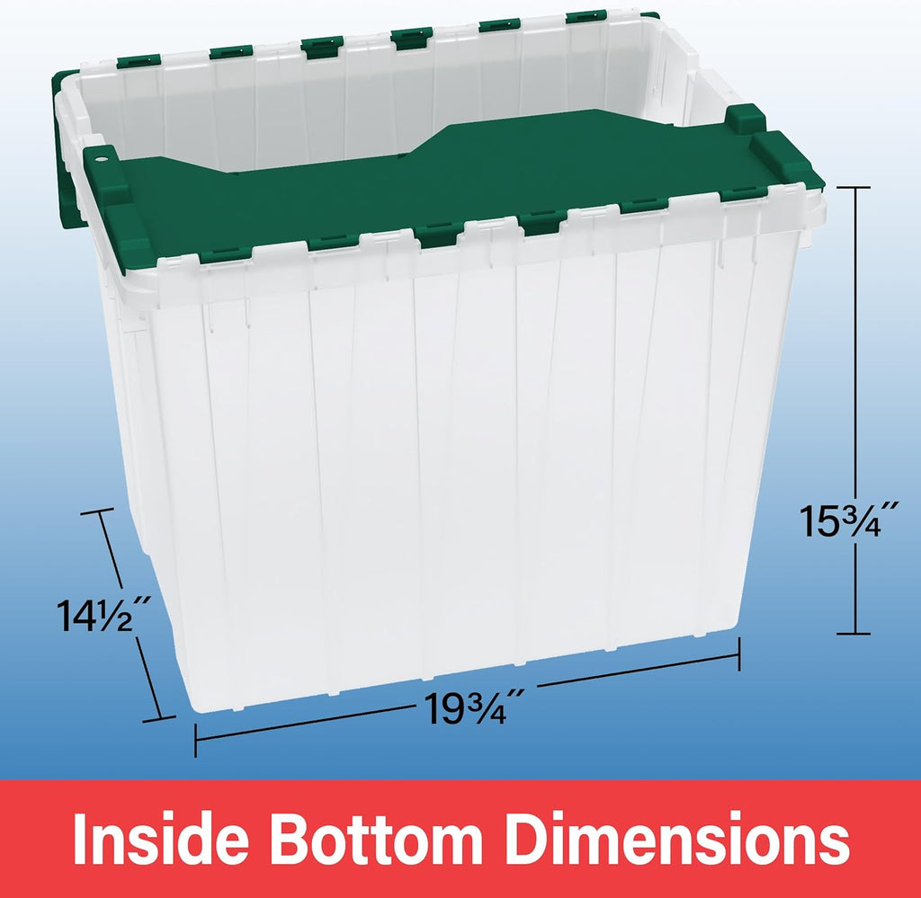 Akro-Mils KeepBox 18 Gallon Storage Container, Nesting and Stackable Plastic Storage Box with Lid Attached, Clear Tote for Garages, Closets, and Moving, 21" x 15" x 17", Clear/Green