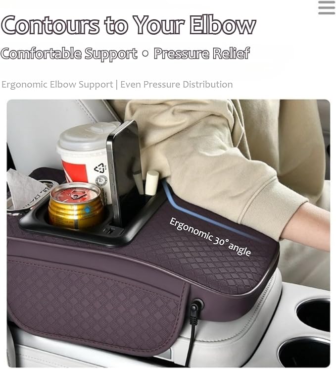 2026 Upgraded Car Center Console Cushion with 30w USB& Type-C Charging Ports, Leather Car Armrest Pad Cover, Interior Accessories for Most Vehicles (Classic Flat Version, Light Beige)