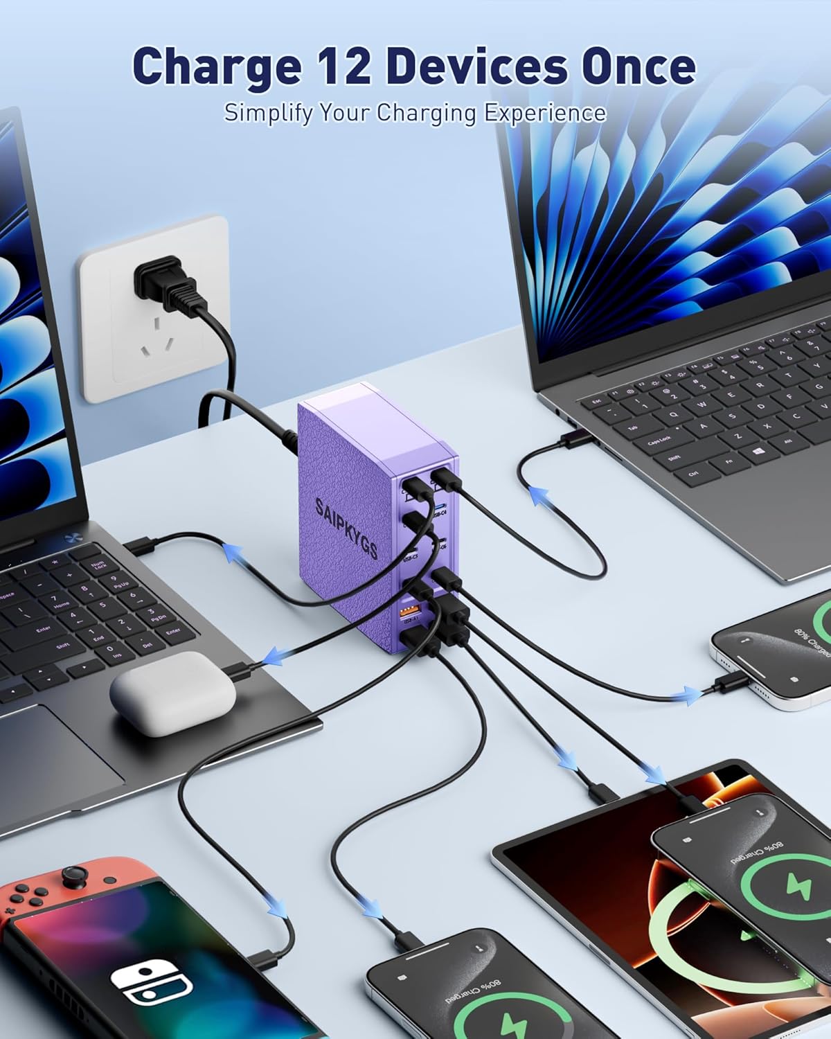 USB Charging Station (600W),12-Port USB C Charger Block with Dual 100W PD USB-C Fast Charging Station Hub for MacBook Pro/Air/All iPad Phone 17/16 15/14/13/Pro Max/Samsung Galaxy Note(Purple)