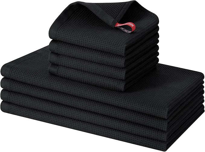 Homaxy 100% Cotton Kitchen Towels and Dishcloths Set - 8 Pack Waffle Weave Soft and Absorbent Dish Towels - 26 X 16 Inch and 12 X 12 Inch - Black