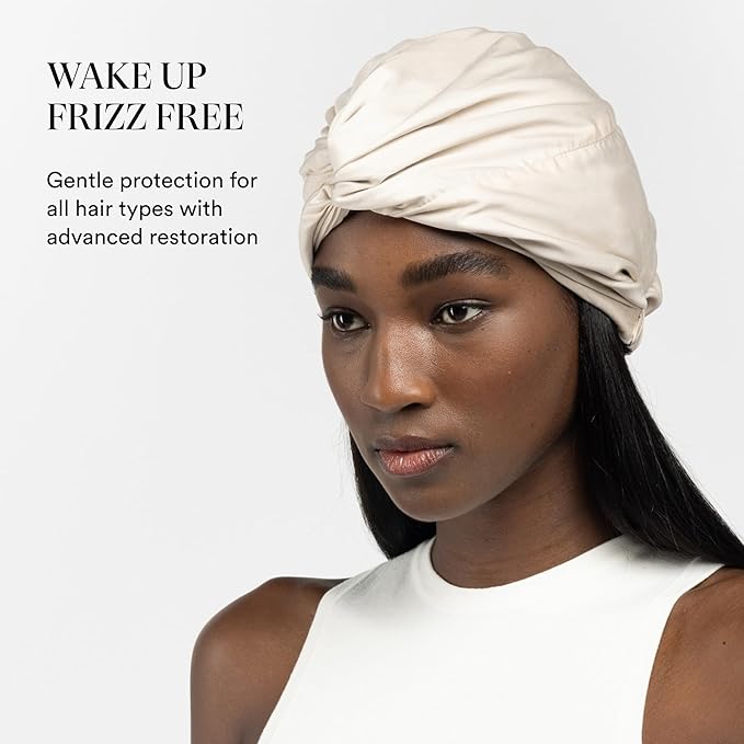 Essentials by Clementine Organic Hair Bonnet in Champagne Sunset | Silver Ion Silk Lined Bamboo Sleep Cap for Frizz-Free, Curly Hair, and Scalp Health