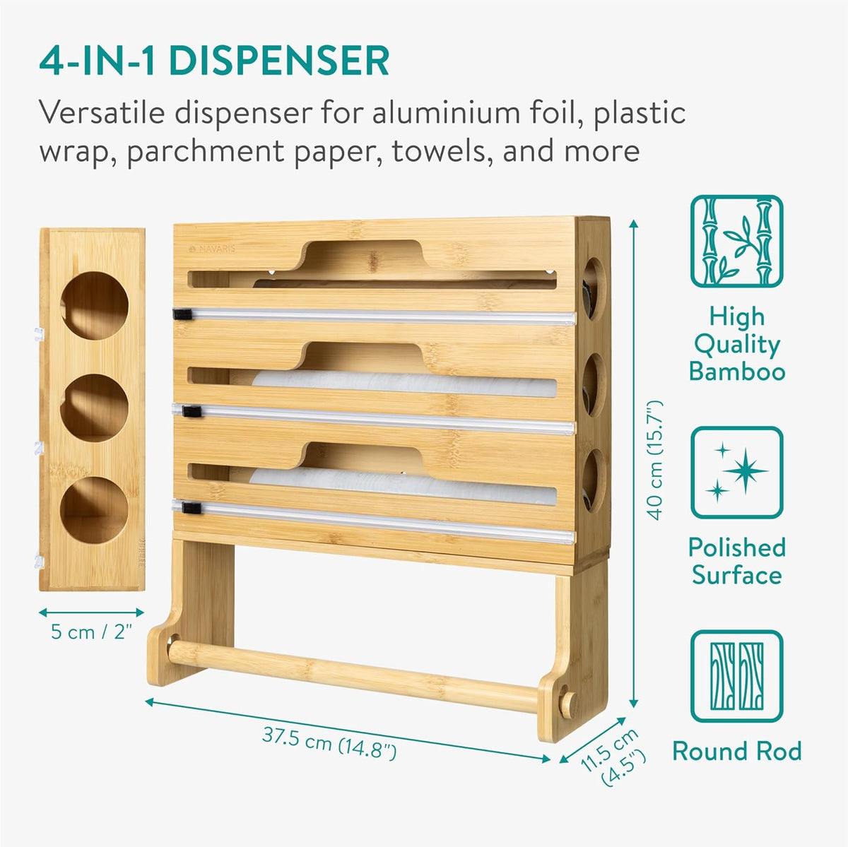Navaris 4 in 1 Plastic Wrap Dispenser with Cutter - Space Saving Kitchen Roll Storage Foil Organizer for Drawer - Bamboo Kitchen Wrap Paper Roll Baking Paper and Aluminum Holder