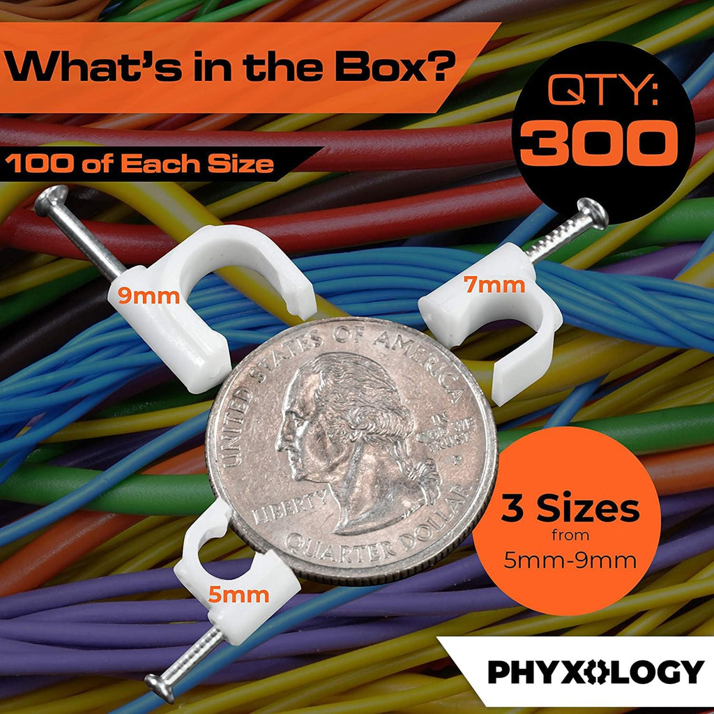Pro-Grade, Cable Clips with Steel Nails 5mm, 7mm, 9mm Wire Holders and Tacks 100 Per Size. Durable, Easy Install, UV Resistant Plastic Clips to Organize Coax, Ethernet, Cat5, Cat6 and Other Cords.