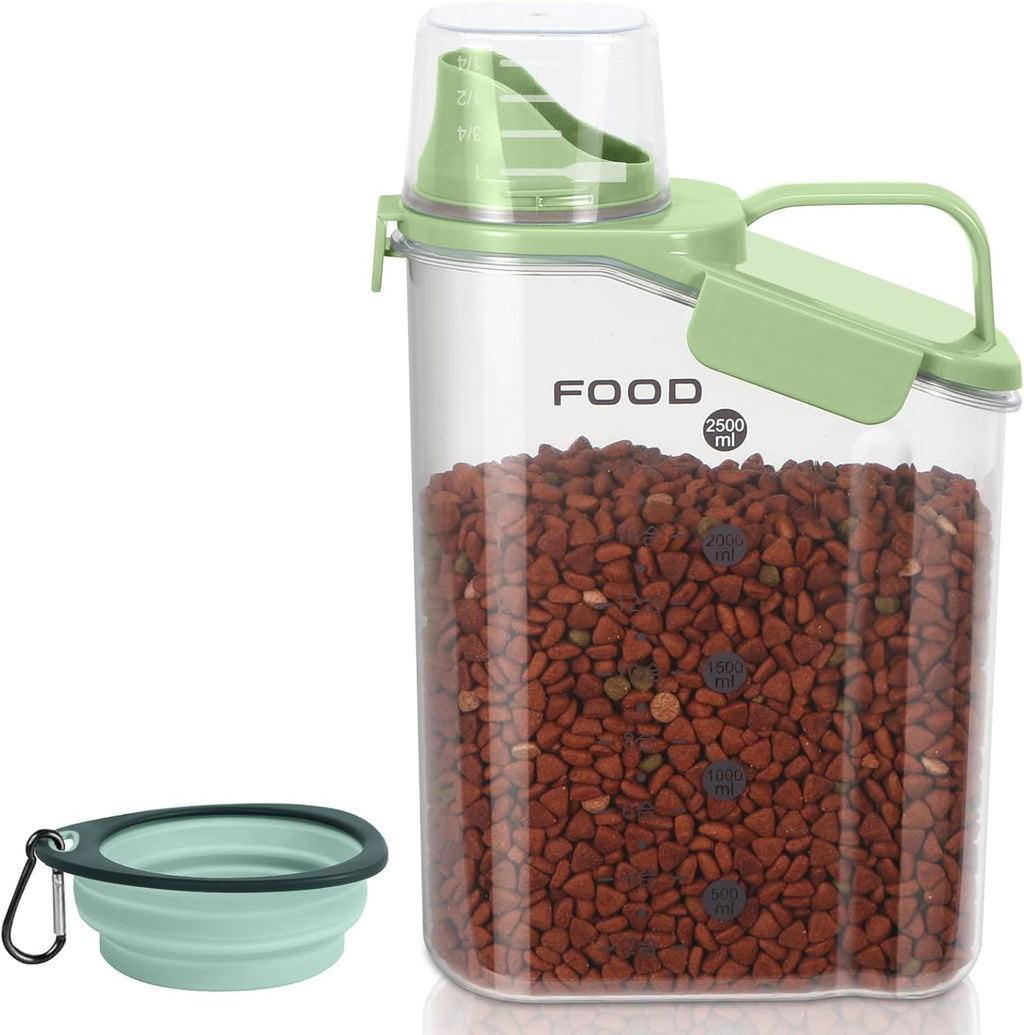 Dog Food Storage Container, Upgraded Large Nozzle BPA-free, 3-5 LBS Plastic Pet Food Storage Containers, With 4 Sealed Clasps, 1 Measuring Cup and Handle (Bright Green)