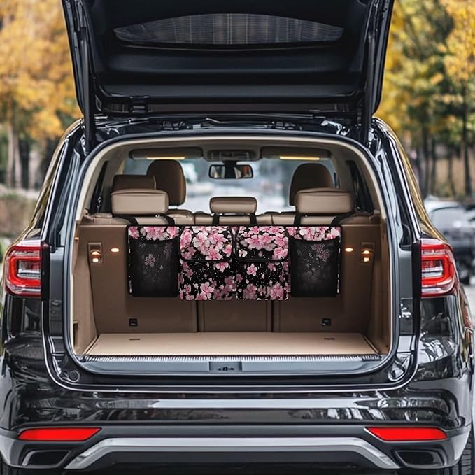 Car Trunk Organizer with 4 Pockets, Cherry Blossom Car Storage Organizer Oxford Cloth (37.01"*11.8") Portable Car Storage Bag with 4 Pocekt, Hanging Car Organizer for SUV/MPV/Truck/Van/Sedan