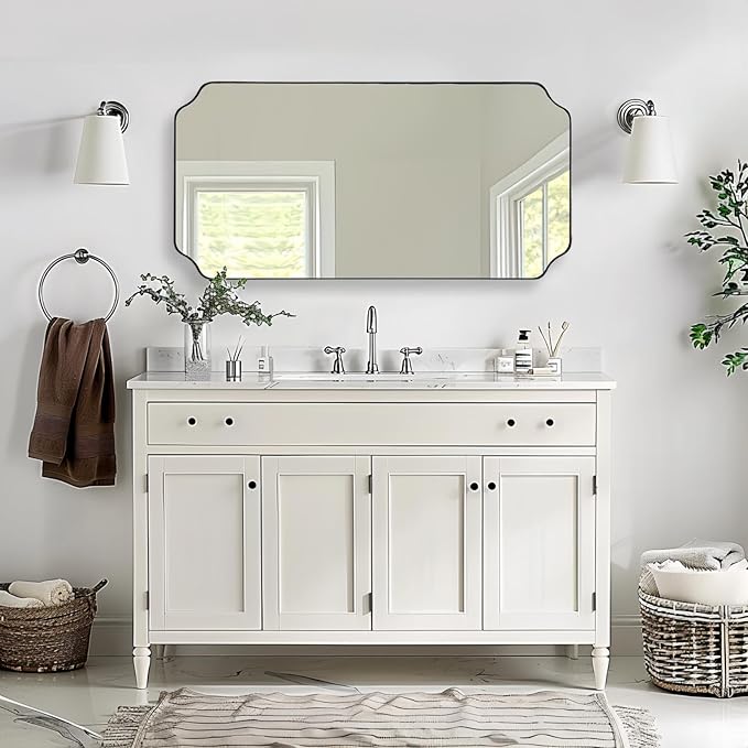 ANDY STAR 24"x48" Large Bathroom Mirror, Chrome Scalloped Wall Mirror, Polished