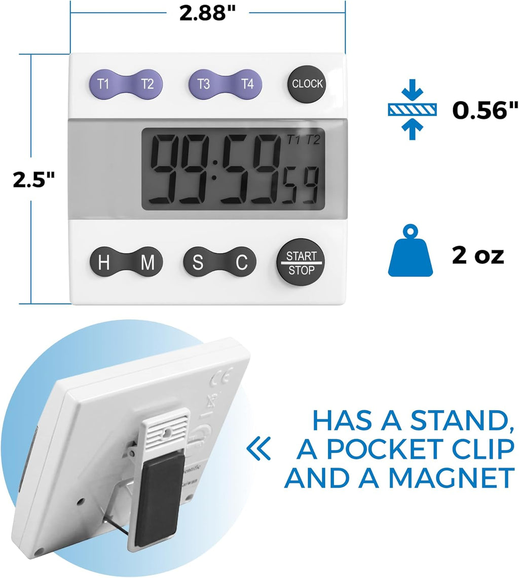 Sper Scientific Portable Digital Kitchen Timer 810015 for Cooking and Baking with Loud Alarm, 4 Channel Timer, Large Display Digital Lab and Cooking Timer, Classroom Timer for Teachers and Students