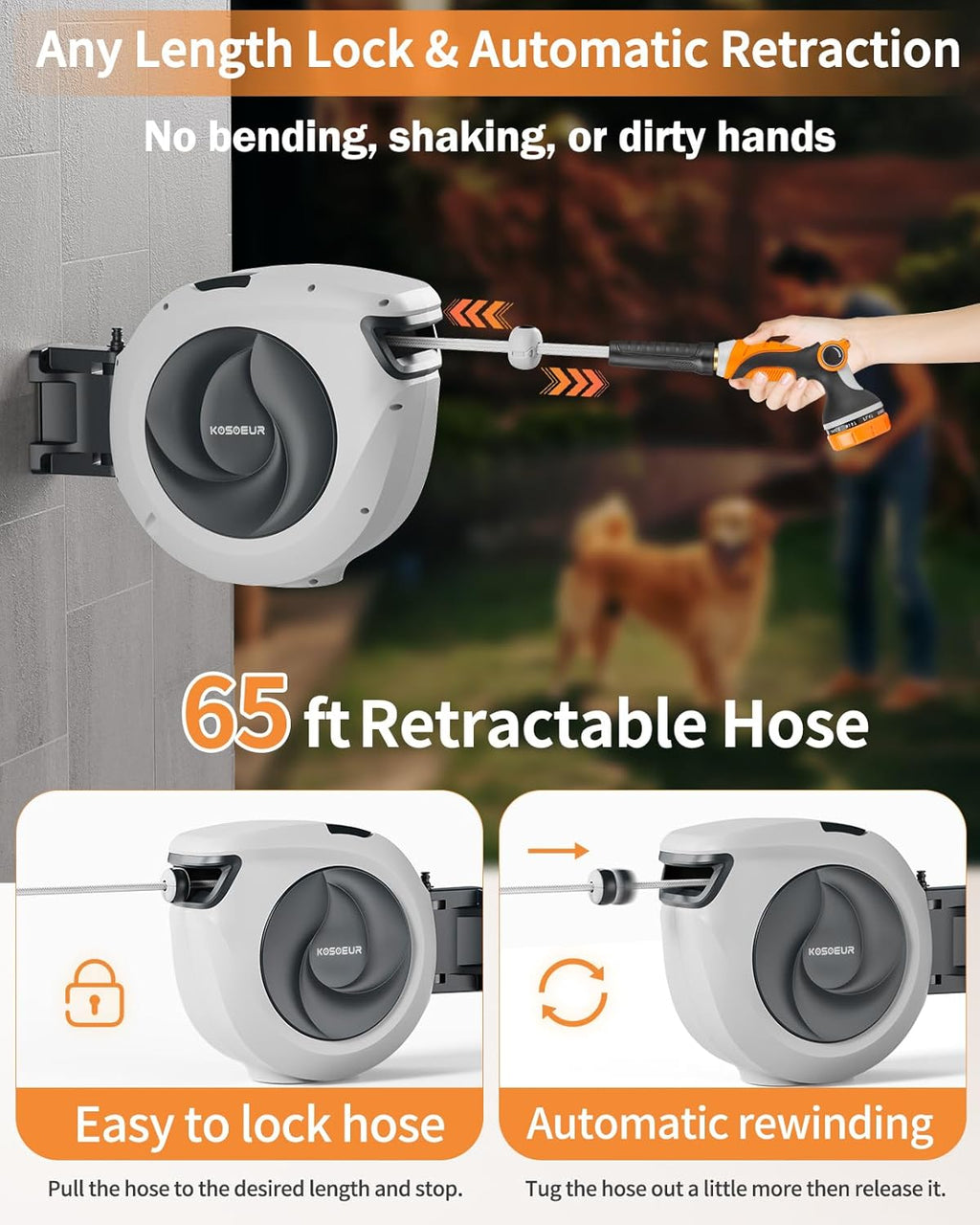 KOSOEUR Retractable Garden Hose Reel, 1/2 in x 65 ft Garden Hose Reel, Automatic Retractable Water Hose Wall Mount with 10 Pattern Nozzle, Slow Rewind System/Any Length Auto Lock 180° Swivel Bracket