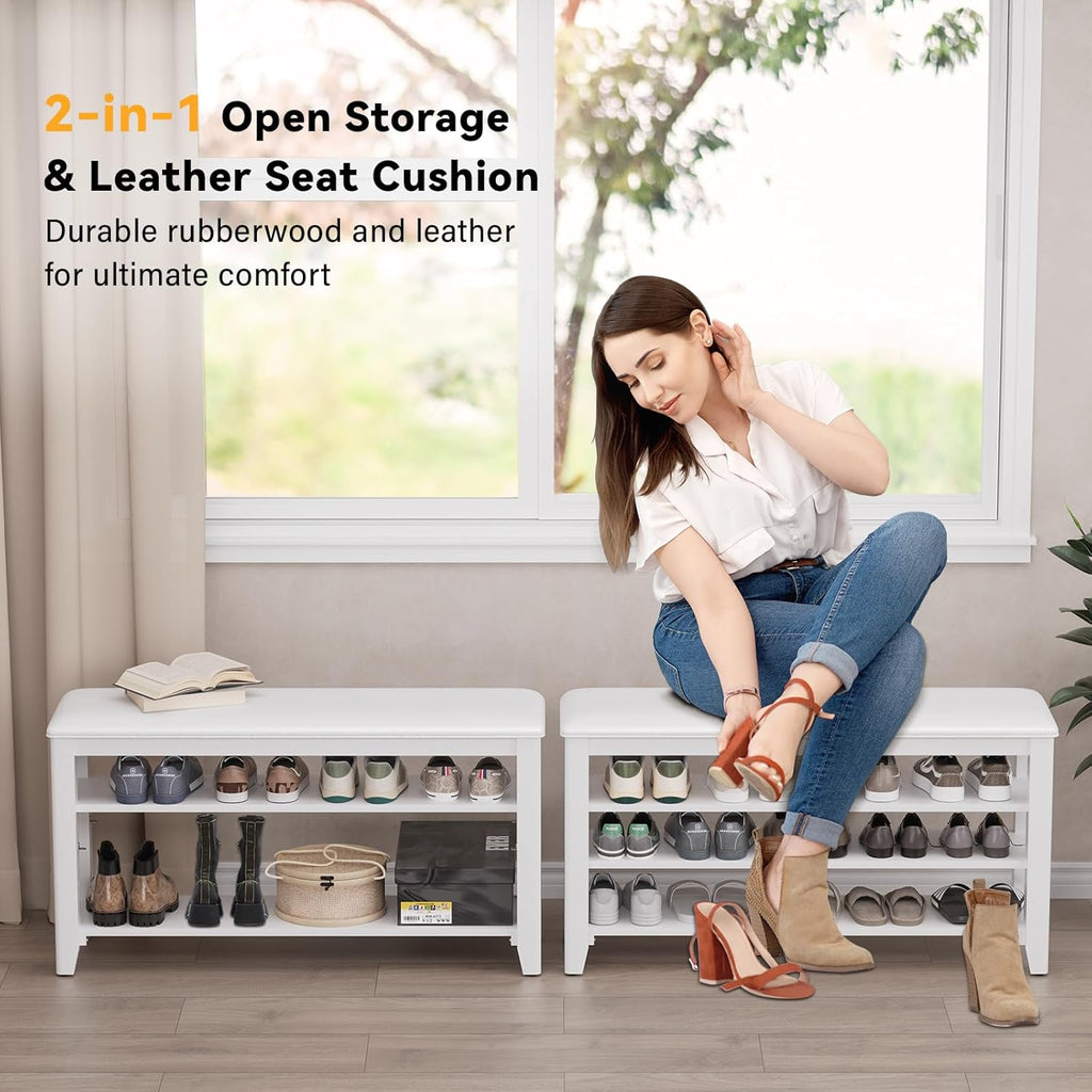 Shoe Rack Bench Entryway Storage with Leather Cushion, Shoe Organizer Bench for Entryway, Ideal for Front Doors Entrances Hallway Mudroom Featuring Rubberwood And 3 Height-Adjustable Removable Shelve