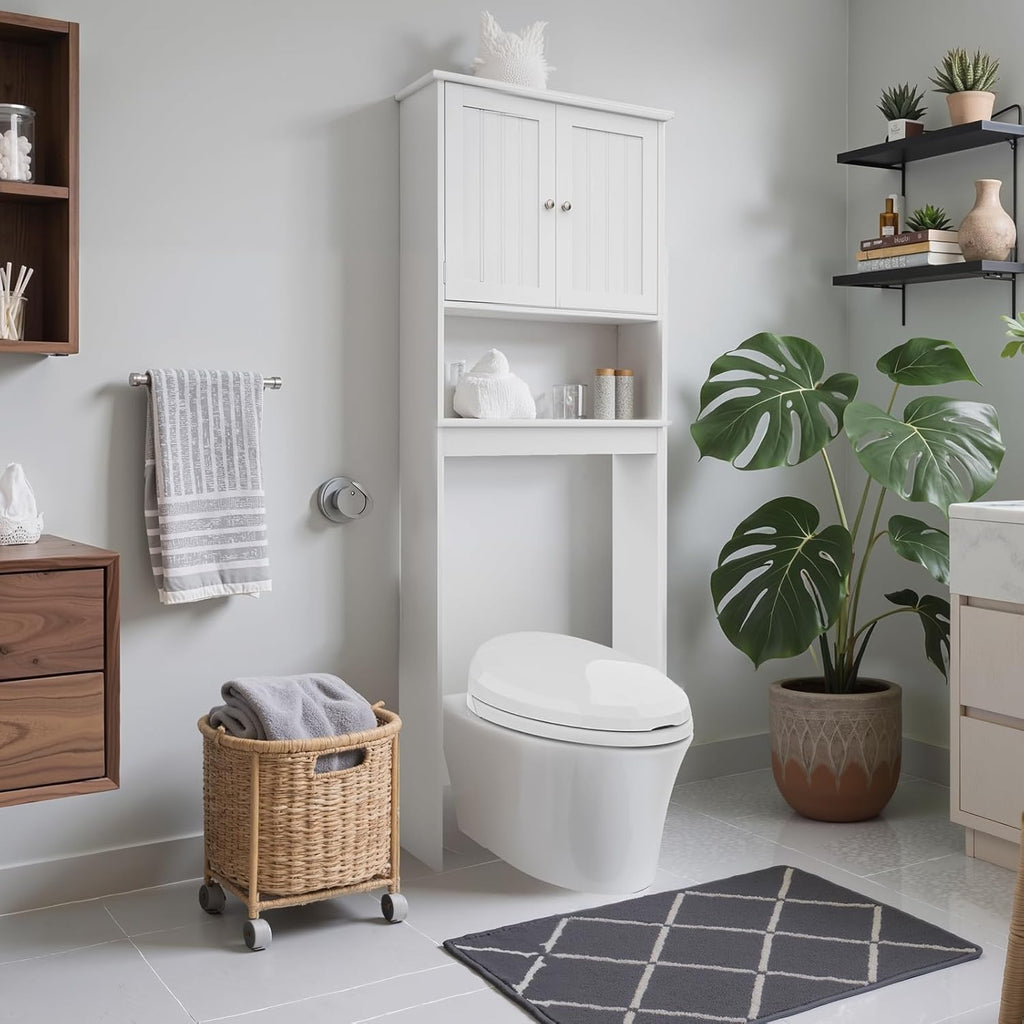 Over The Toilet Storage Cabinet, Behind Toilet Bathroom Organizer with Adjustable Shelves, Above Toilet Organizers with Barn Door, Space Saver for Restroom, Bathroom, Laundry