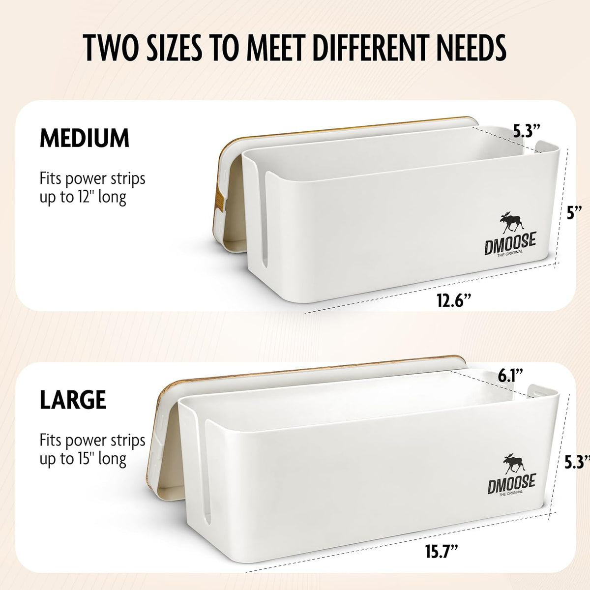 DMoose Cable Management Box - 2 Pack Medium & Large Cord Organizer for Desk & Floor, Cable Organizer Box for Child & Pet - Cable Box Hider for Tidy Office & Home (Wood Print Lid, White Box, Pack of 2)