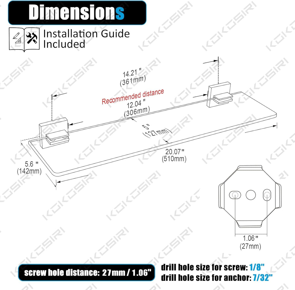 KOKOSIRI Wall Shelves Floating Bathroom Glass Shelf for Kitchen Storage, 20'' x 5.6'' Tempered Glass Wall Mounted Brushed Stainless Steel B1106BR-L20