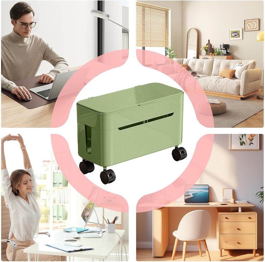 Cord Management Box, Wire Storage with Wheels and Tabletop Charger Organizer, Cable Storage Solution for Home, Office, Dormitory, Gaming Setup, TV Stand, Computer Desk, Tech Enthusiasts, Renters
